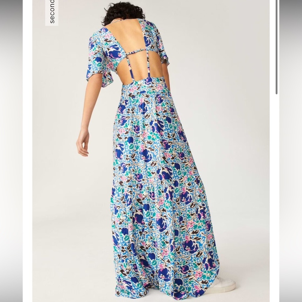 ba&sh NWT Ova Maxi Dress Floral Print Open-Back Backless Flowy Blue White XS / 0